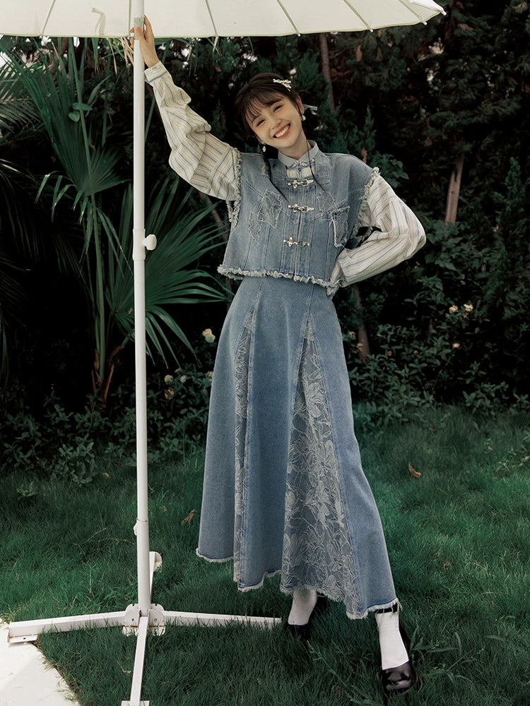 More than thirteen [brocade blue] vest cardigan three-pleat skirt set modern HanFuDreams