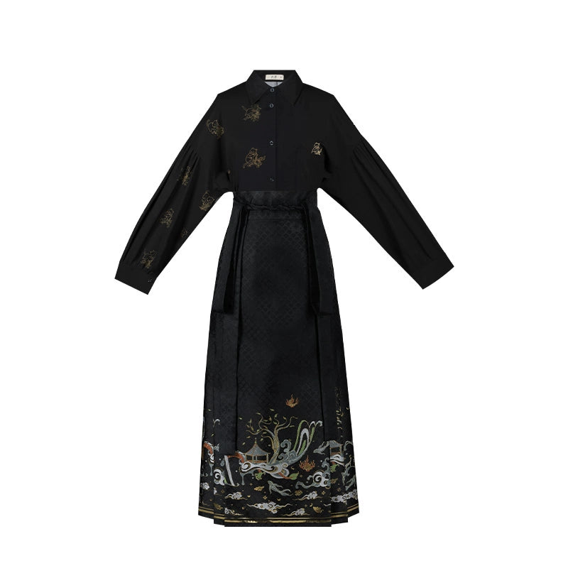 Han element horse dress Hanfu han HanFuDreams Black long-sleeved shirt + black eight-point horse dress S