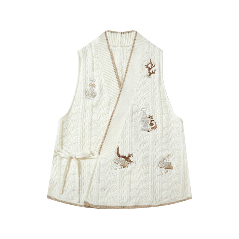 More than thirteen [leisurely] cat embroidered short-sleeved knitted white sweater modern HanFuDreams sweater S