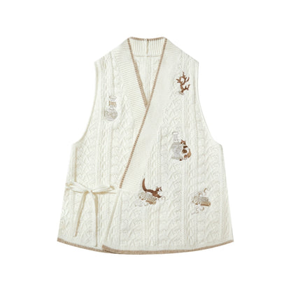 More than thirteen [leisurely] cat embroidered short-sleeved knitted white sweater modern HanFuDreams sweater S