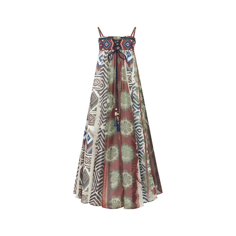 [Everlasting Vine] Ethnic Hanfu 2-Piece Set modern Shisanyu Ethnic Print Cami Maxi Dress S
