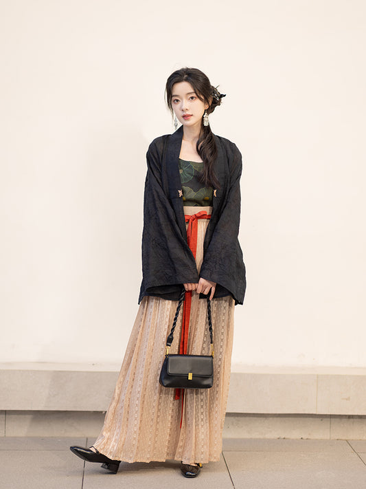 Ming-made Tencel short shirt, suspender long skirt, full pleated skirt