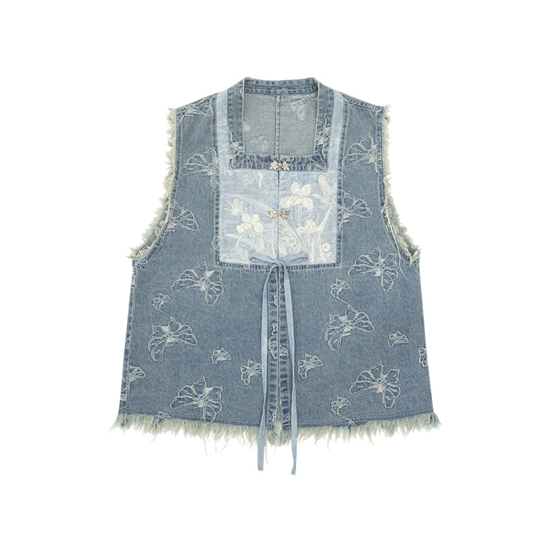 July Eve [Huayang] Lace White Shirt Jacquard Denim Vest Ripped Jeans modern HanFuDreams Flower, short bizarre XS
