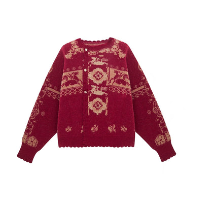 More than thirteen [Zhuxi] red New Year's round neck women's knitted sweater modern HanFuDreams Crew neck cardigan S