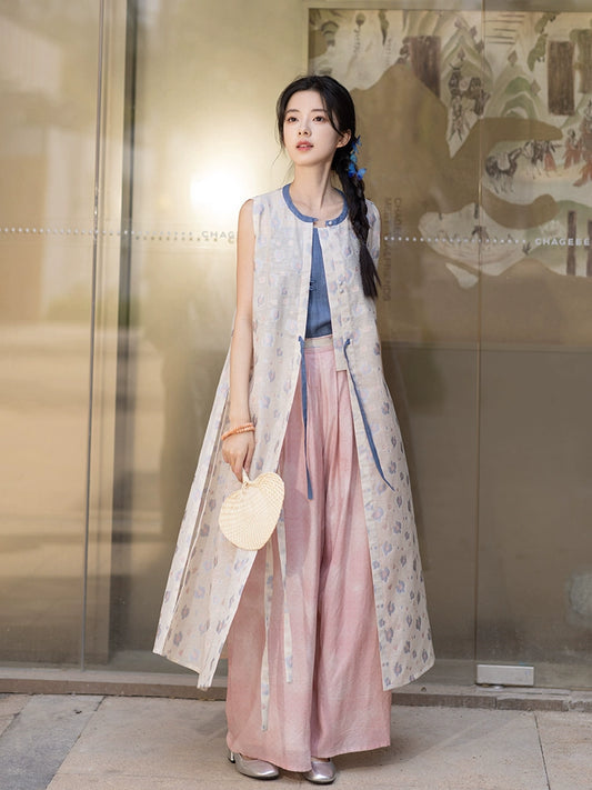 Ming-made round neck long than Jia Tencel wide-leg pants Hanfu