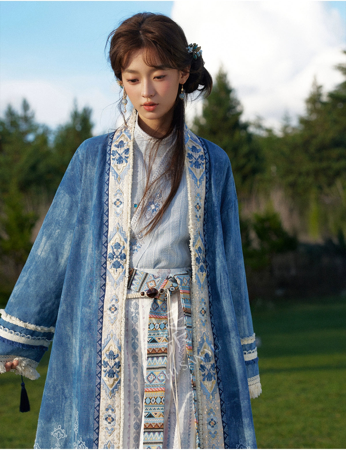 More than thirteen [Cangming Night] denim embroidered jacket curved collar top trousers set modern HanFuDreams