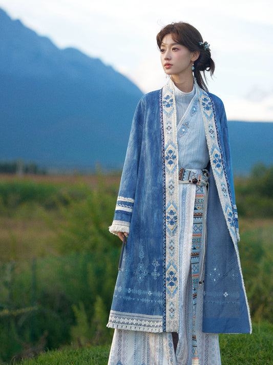 More than thirteen [Cangming Night] denim embroidered jacket curved collar top trousers set modern HanFuDreams