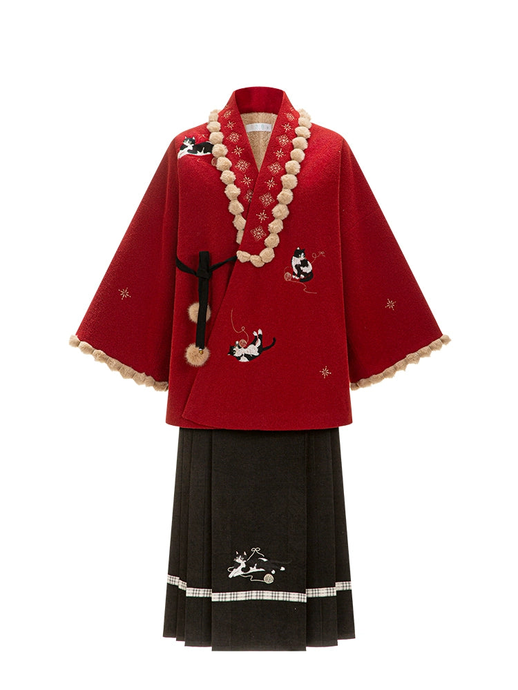 Chi Xia [Lucky Enter Meow] Fleece Short Jacket Horse Face Skirt Ming HanFuDreams