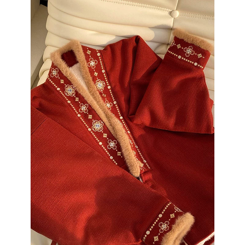 Flower Fairy Story [Changle] Cross-neck embroidered fleece bow bag sleeve jacket han HanFuDreams 红色外套 S