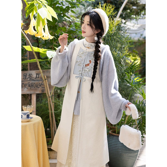 Chi Xia [Songfeng Tingxue] Fleece stand-up collar short shirt Ming ming HanFuDreams Pine wind and snow two-piece set S