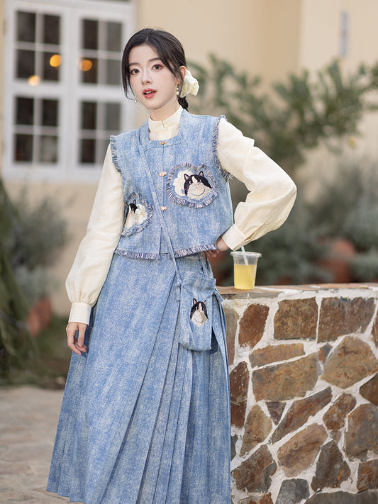 Chemise en Tencel Bijia brodée de chat, robe de cheval Hanfu