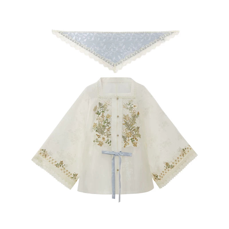 [Spring Reunion] Modern Hanfu 2-Piece Set modern Shisanyu Square Neck Blouse (with Scarf) S