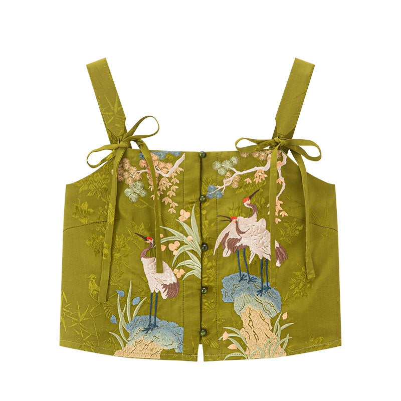 Ming straight waist pants short shirt Hanfu women ming HanFuDreams Yellow-green embroidered main waist S