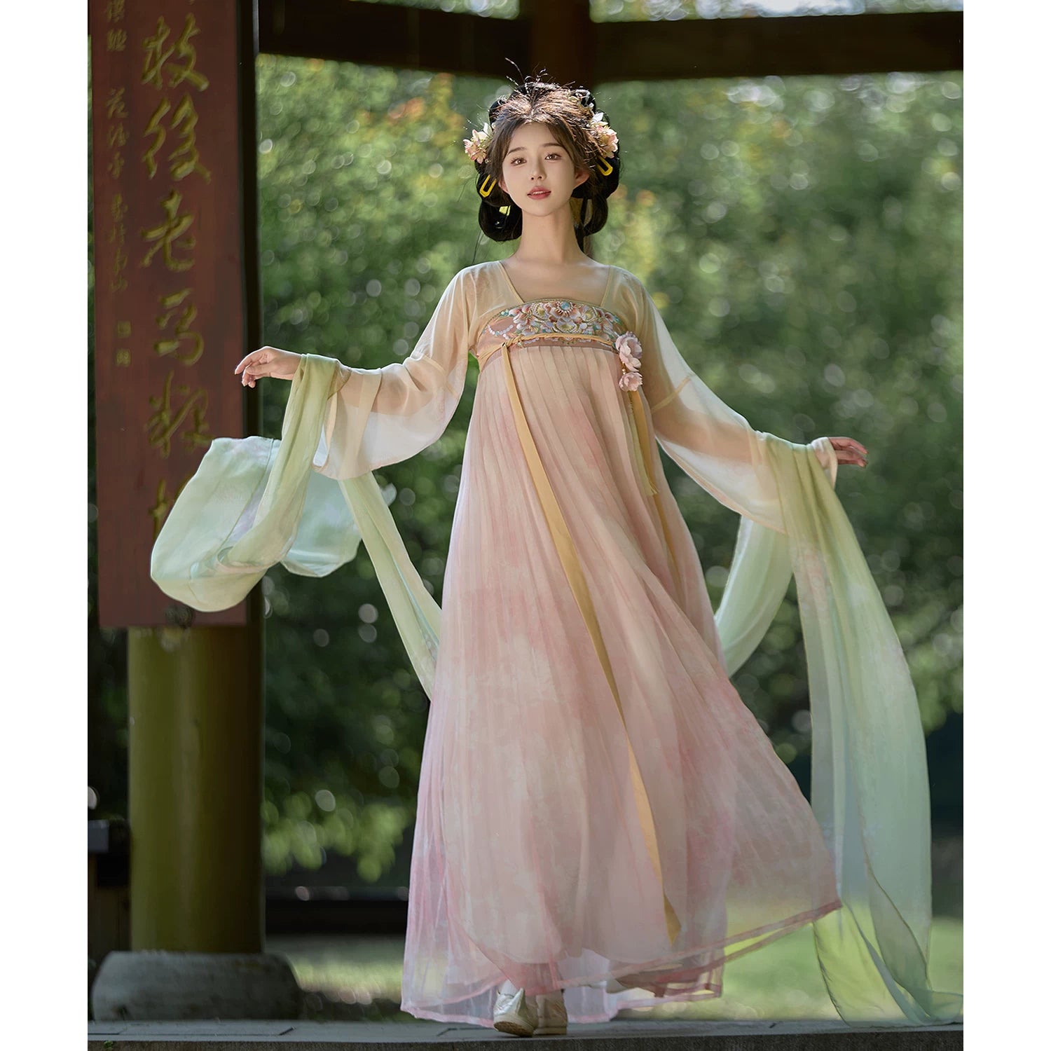 Flower Fairy Story [Banfei Yan] Original Hanfu Dress Improvement han HanFuDreams pink dress + green silk + corsage. S