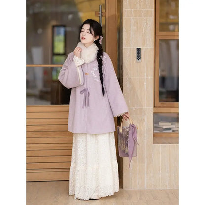 Fleece-Lined Mid-Length Jacket with Faux Fox Fur Collar – Modernized Hanfu modern Chixia Phalaenopsis Dream Two-piece Set S