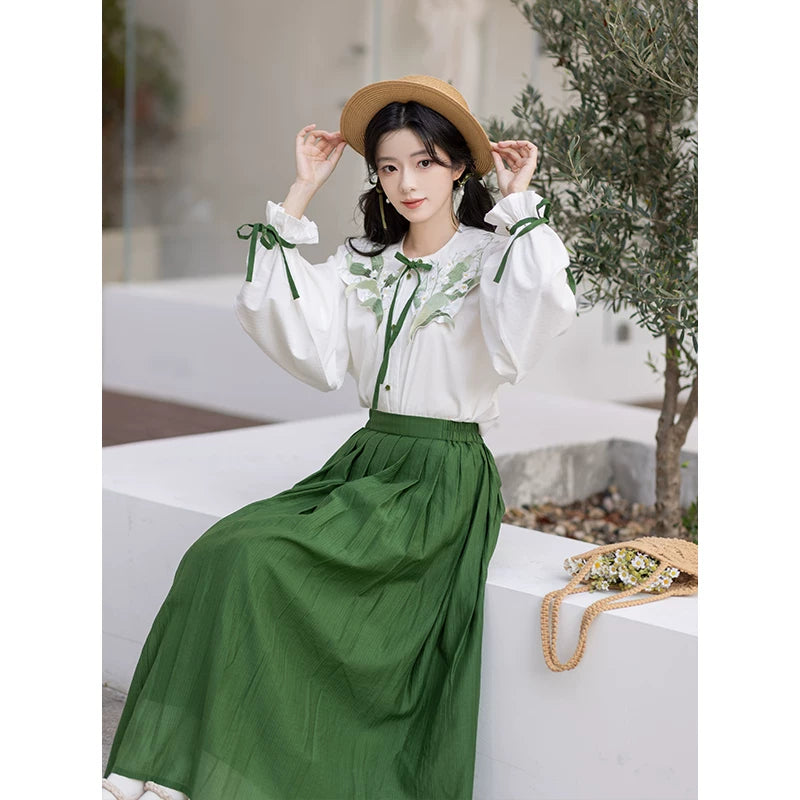 Chi Xia [Qinglu Lily of the Valley] Crew Neck Short Shirt Pleated Skirt han HanFuDreams Clear dew lily of the valley three-piece set (only new embroidered cloud shoulder) S