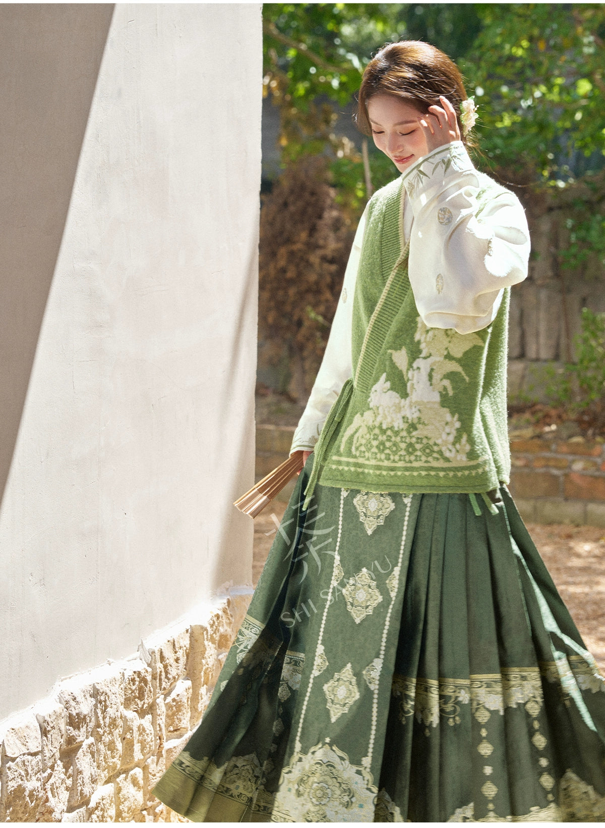 More than thirteen [Huai Rabbit] jacquard short-sleeved knitted sweater green vest top modern HanFuDreams