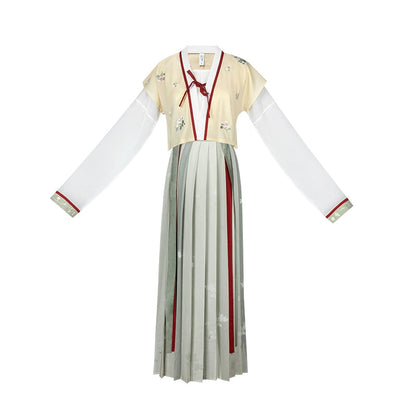 Tang Beizi T-shirt pleated skirt Hanfu tang HanFuDreams Tang Back + Crew Neck + Pleated Skirt (Three-piece Set) Spot S