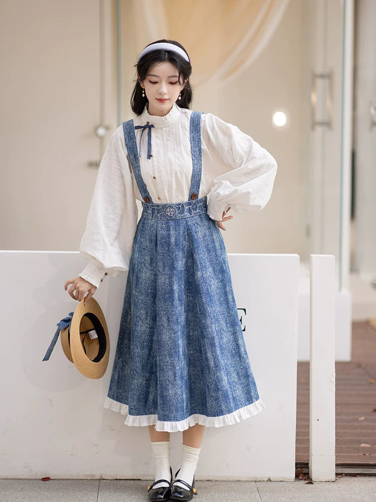 Chi Xia [Forest Blue Language] Han Element Stand-up Neck Short Shirt Strap Skirt han HanFuDreams