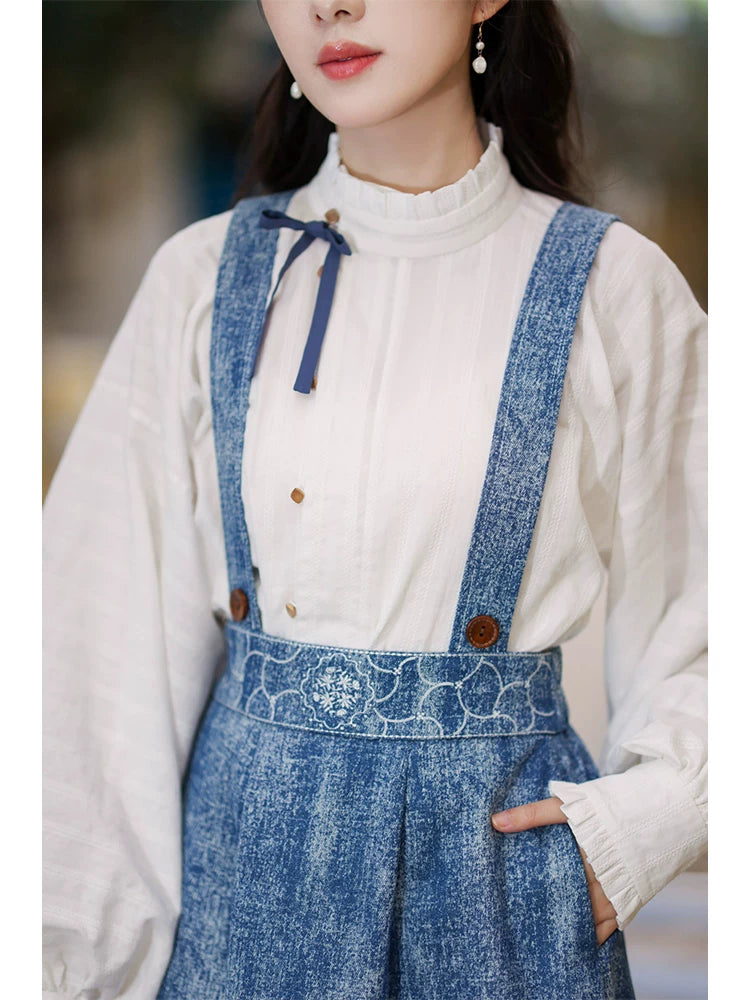 Chi Xia [Forest Blue Language] Han Element Stand-up Neck Short Shirt Strap Skirt han HanFuDreams