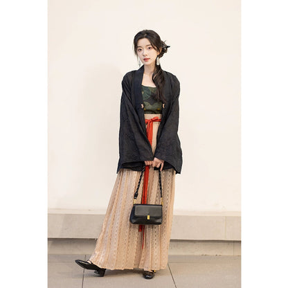Ming-made Tencel short shirt, suspender long skirt, full pleated skirt ming HanFuDreams Three-piece set (short shirt + suspender skirt + full pleated skirt) S