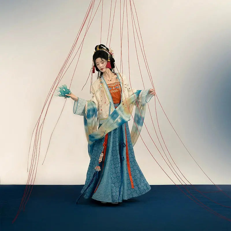 July Eve [Shumiyu Mingke] Fake two-piece pleated clothes, embroidered suspenders skirts han HanFuDreams pleated clothes + suspenders + broken skirts + ribbons + silk XS