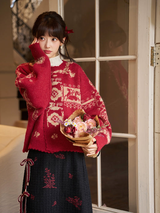 More than thirteen [Zhuxi] red New Year's round neck women's knitted sweater modern HanFuDreams