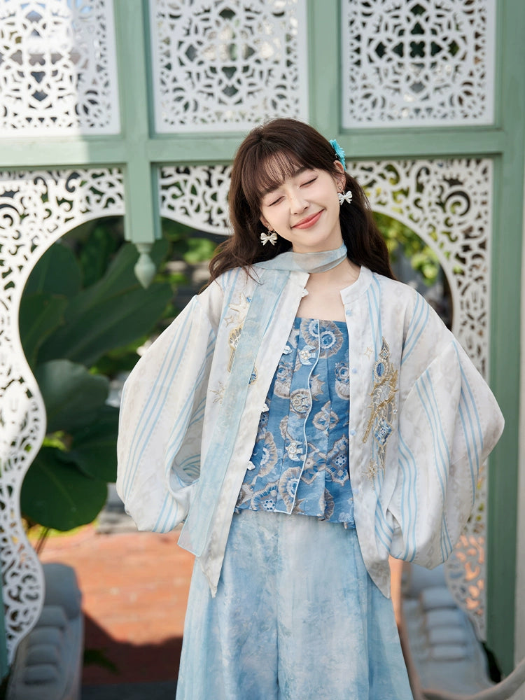 More than Thirteen [Sea, Moon and Wind] Spring Shirt Printing Suspender National Style Set modern HanFuDreams