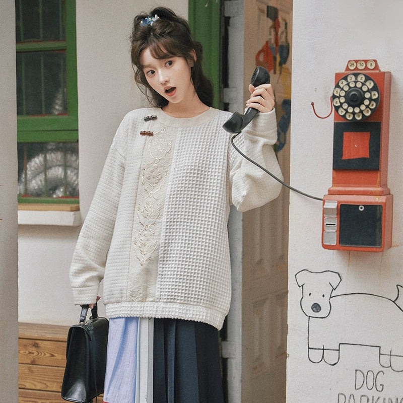 More than thirteen [Fengting Gui] 2025 autumn new waffle splicing skirt modern HanFuDreams Crew neck sweater + short skirt S