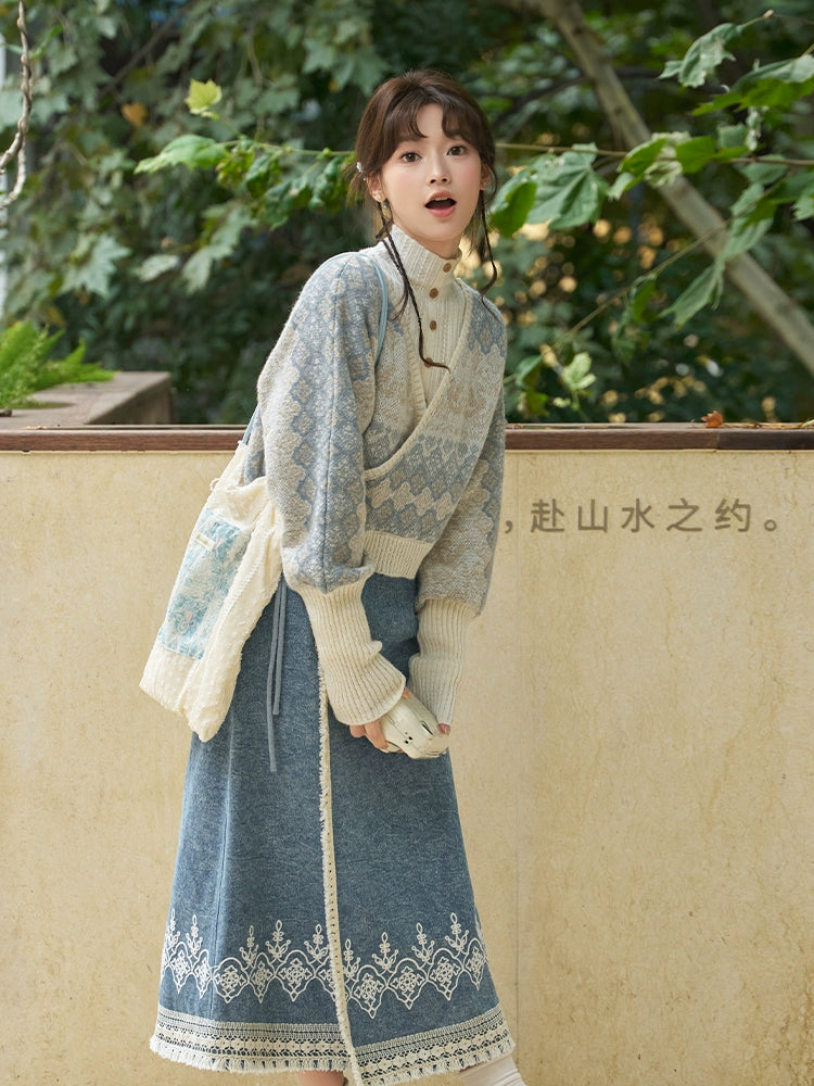 More than thirteen [autumn river snow] 2025 autumn new pullover jacquard sweater denim skirt modern HanFuDreams