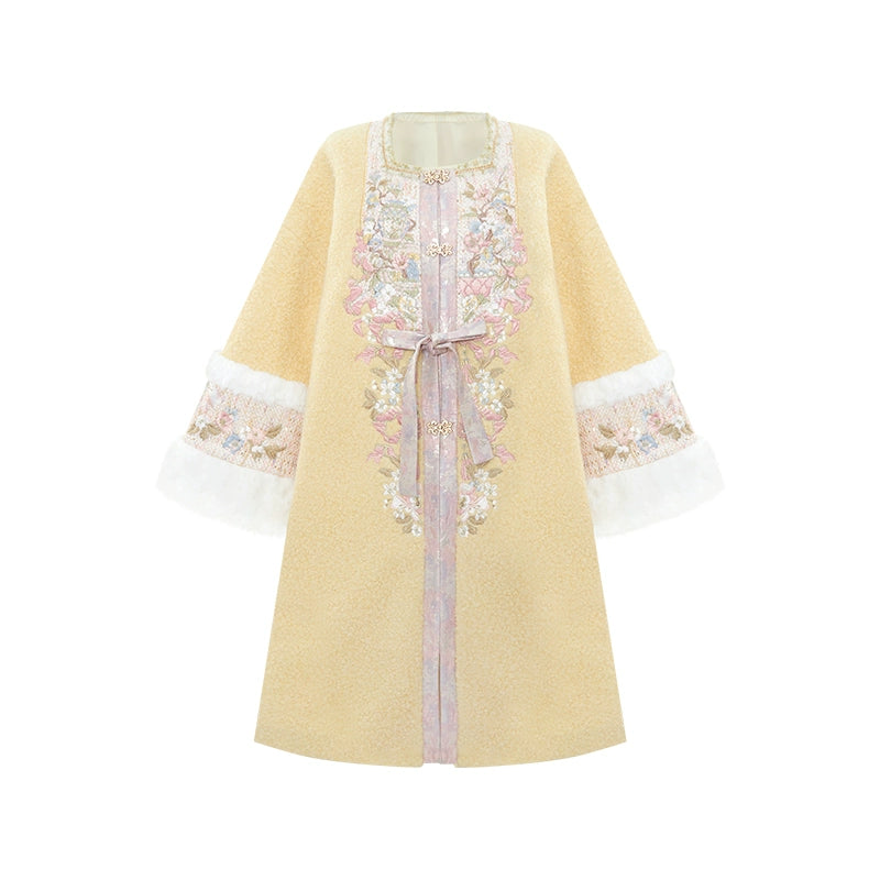More than thirteen [pastel peony] square collar long jacket coat imitation rabbit fur Ming