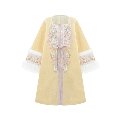More than thirteen [pastel peony] square collar long jacket coat imitation rabbit fur Ming