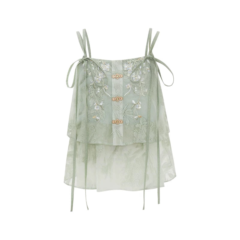 (Pre-Order)Clear Light - Embroidered Tencel Pojian Duijin & Poqun Set modern Shisanyu Camisole with Ties XS