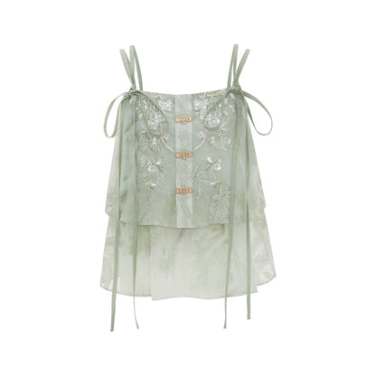 (Pre-Order)Clear Light - Embroidered Tencel Pojian Duijin & Poqun Set modern Shisanyu Camisole with Ties XS