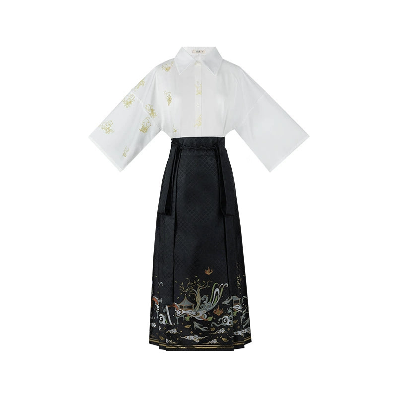 Han element horse dress Hanfu han HanFuDreams White shirt + black eight-point horse dress S