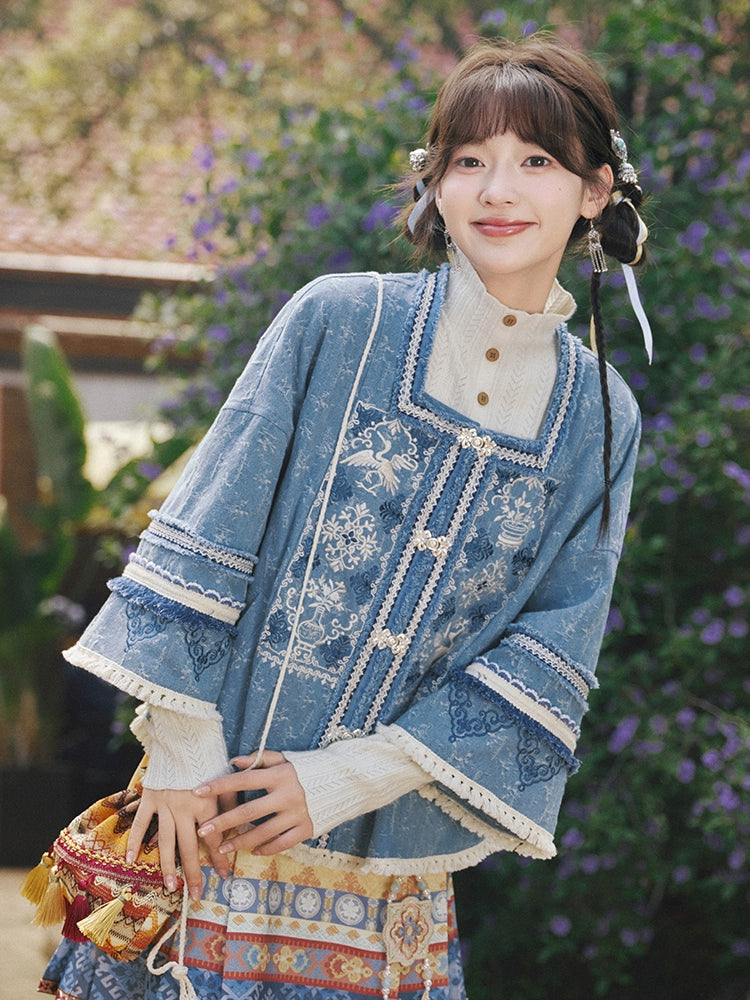 More than thirteen [Xianyunhe] embroidered square collar denim jacket horse skirt modern HanFuDreams