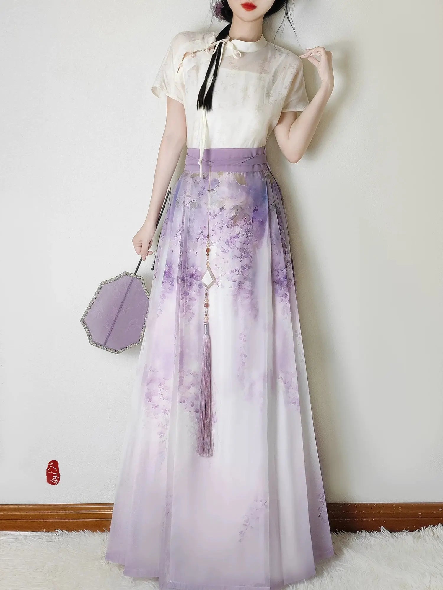 Flower Fairy Story [Wisteria] Light gauze skirt High texture printed horse skirt modern HanFuDreams