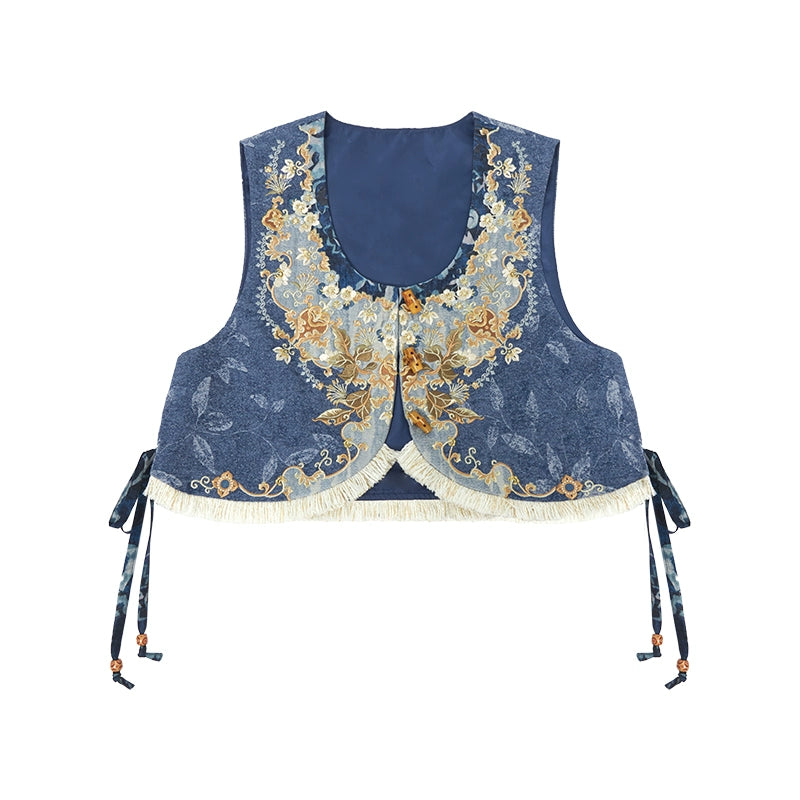 More than thirteen [blue clouds and autumn twilight] jacquard vest top woven horse dress ming HanFuDreams vest S