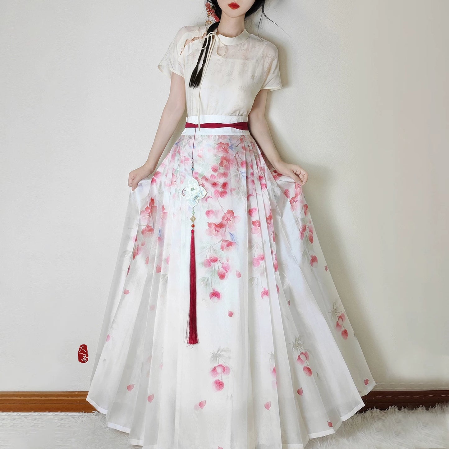 Flower Fairy Story [Lychee] Light gauze skirt High texture printed horse skirt modern HanFuDreams Lychee horse dress S