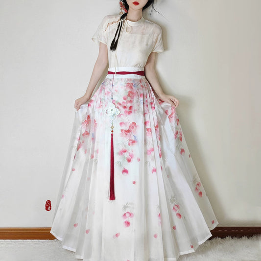 Flower Fairy Story [Lychee] Light gauze skirt High texture printed horse skirt modern HanFuDreams Lychee horse dress S
