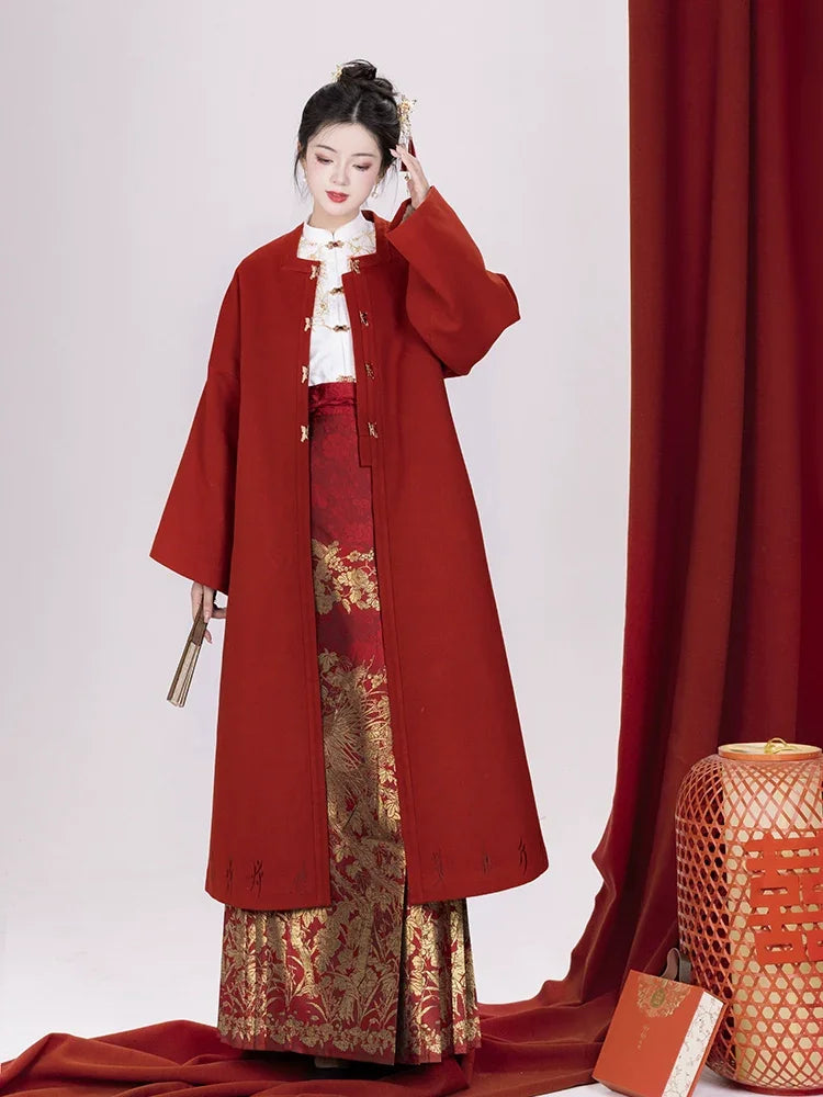 Ming-style red toasting horse face skirt, cloud shoulder Hanfu. HanFuDreams Fashion