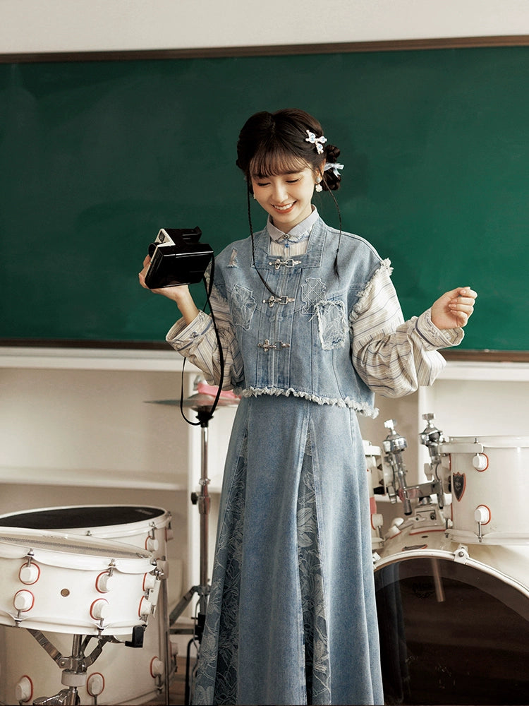 More than thirteen [brocade blue] vest cardigan three-pleat skirt set modern HanFuDreams