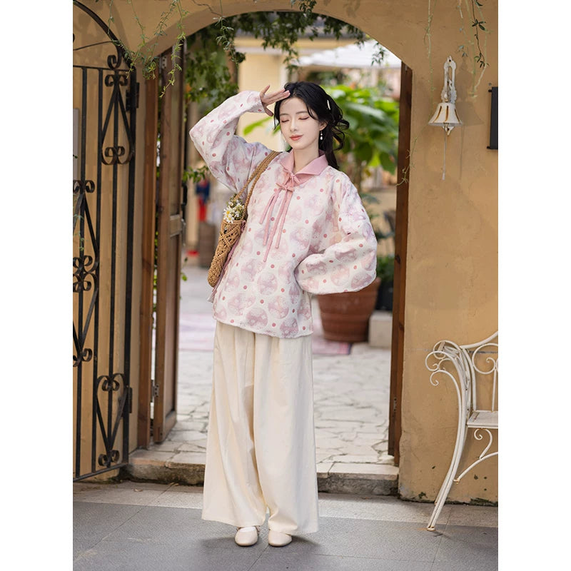 Chi Xia [Taoxi Room] Ming-made lapel shirt Tencel straight waist pants ming HanFuDreams Taoxi Room Two-piece Set (Pink Shirt + Beige Pants) S