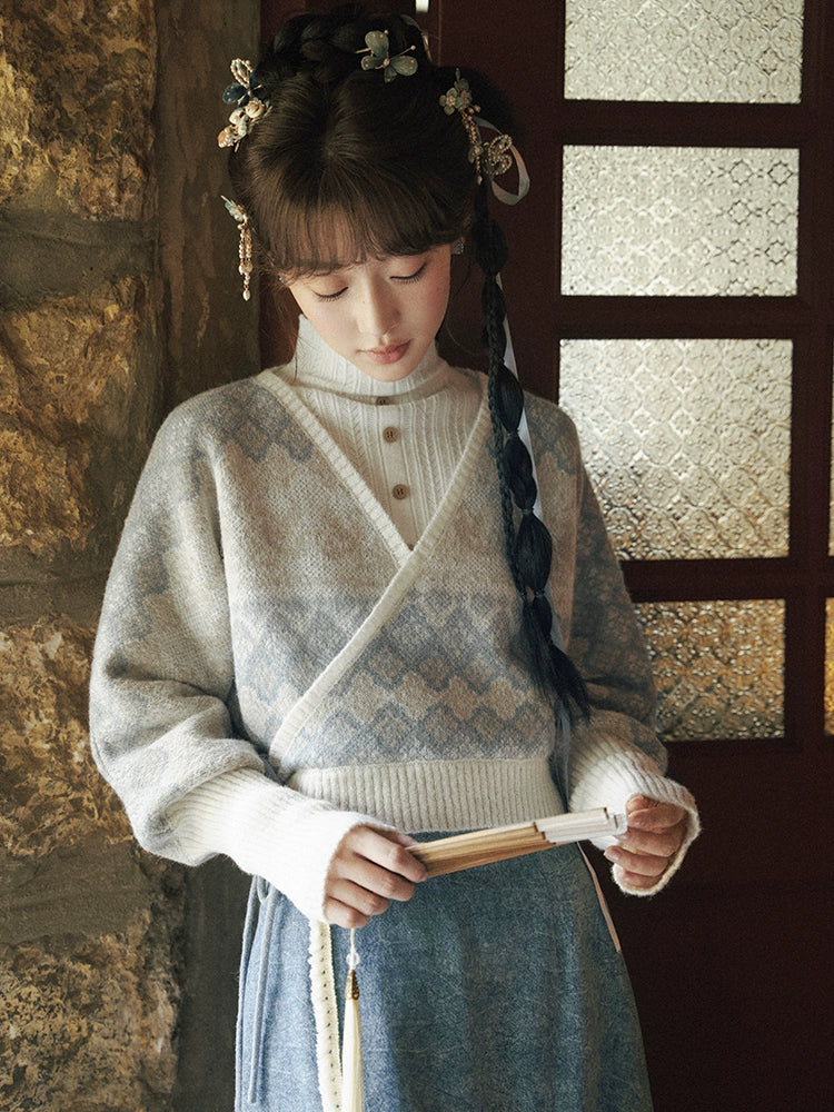 More than thirteen [autumn river snow] 2025 autumn new pullover jacquard sweater denim skirt modern HanFuDreams