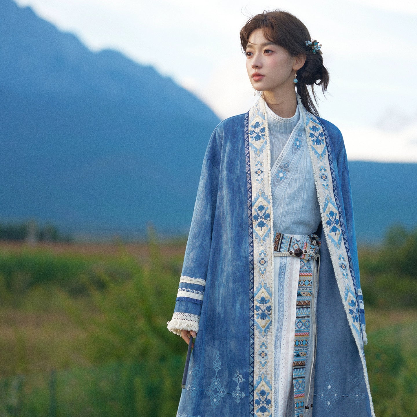 More than thirteen [Cangming Night] denim embroidered jacket curved collar top trousers set modern HanFuDreams three-piece set S