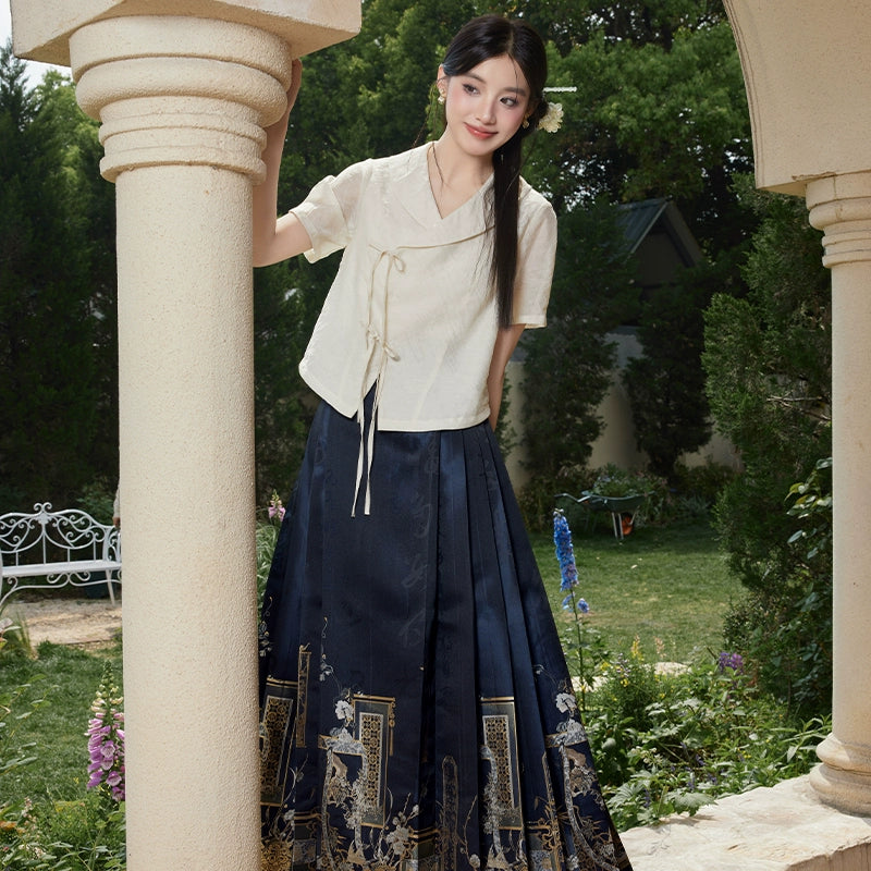 More than Thirteen [Painted Evening] New Chinese Horse Skirt Suit Women modern HanFuDreams Two-piece set (navy blue) XS