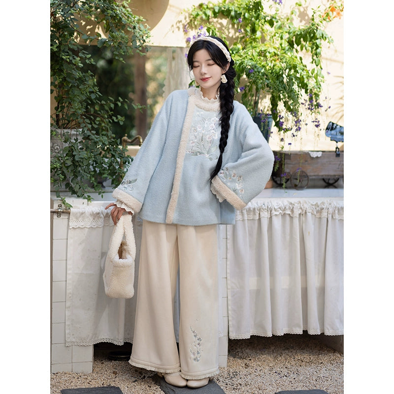 Chi Xia [Phalaenopsis Snow] Chenier Short Jacket Wide Leg Pants Han han HanFuDreams Phalaenopsis Snow Two-piece Set S spot