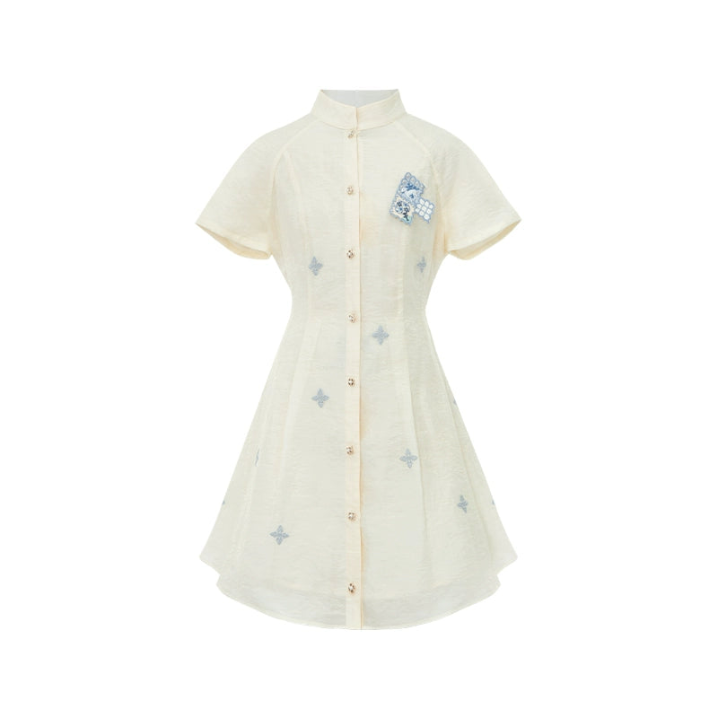 More than thirteen [daydream] national style embroidered white waist short-sleeved dress modern HanFuDreams Dress (with accessories) S