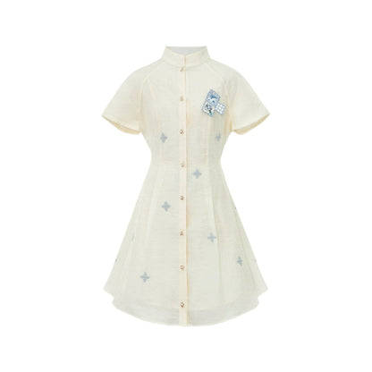 More than thirteen [daydream] national style embroidered white waist short-sleeved dress modern HanFuDreams Dress (with accessories) S