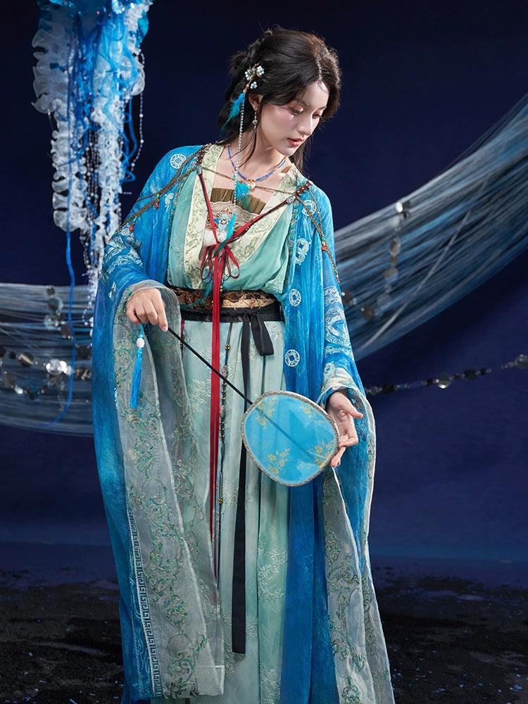 More Than Thirteen Angry Sea Diving Sand Hanfu Women Set Wide Sleeve Suspender Top han HanFuDreams